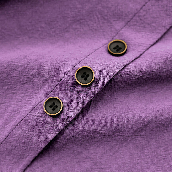 Buddha Stones Casual Summer Pure Color Jacquard Button Crew Neck Cotton Women's Short Sleeve T-Shirt - image 43