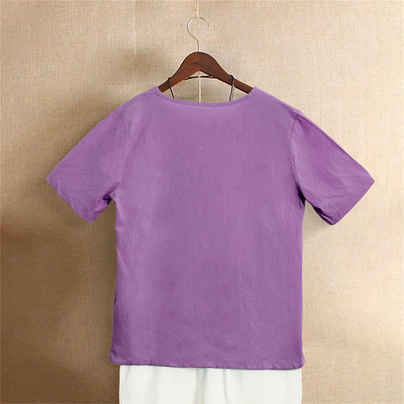 Buddha Stones Casual Summer Pure Color Jacquard Button Crew Neck Cotton Women's Short Sleeve T-Shirt - image 41