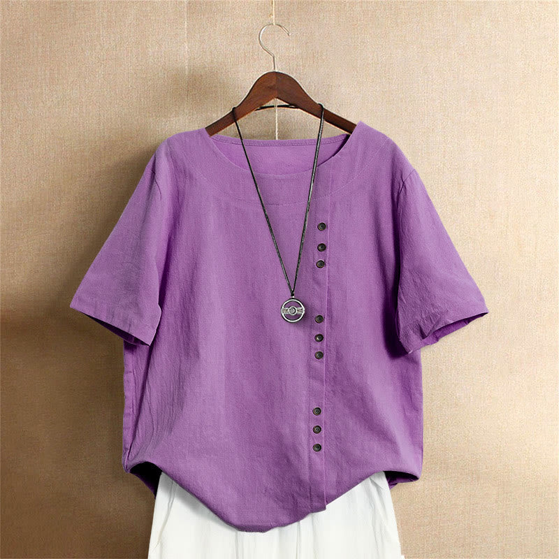 Buddha Stones Casual Summer Pure Color Jacquard Button Crew Neck Cotton Women's Short Sleeve T-Shirt - MediumOrchid - US20，UK/AU24，EU52 (5XL) - image 40
