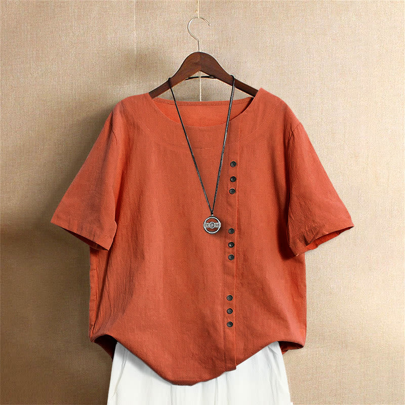 Buddha Stones Casual Summer Pure Color Jacquard Button Crew Neck Women's Short Sleeve T-Shirt - OrangeRed - US18，UK/AU22，EU50 (5XL) - image 45