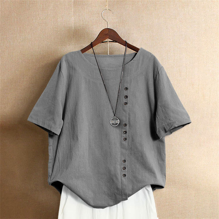 Buddha Stones Casual Summer Pure Color Jacquard Button Crew Neck Cotton Women's Short Sleeve T-Shirt - Gray - US20，UK/AU24，EU52 (5XL) - image 55