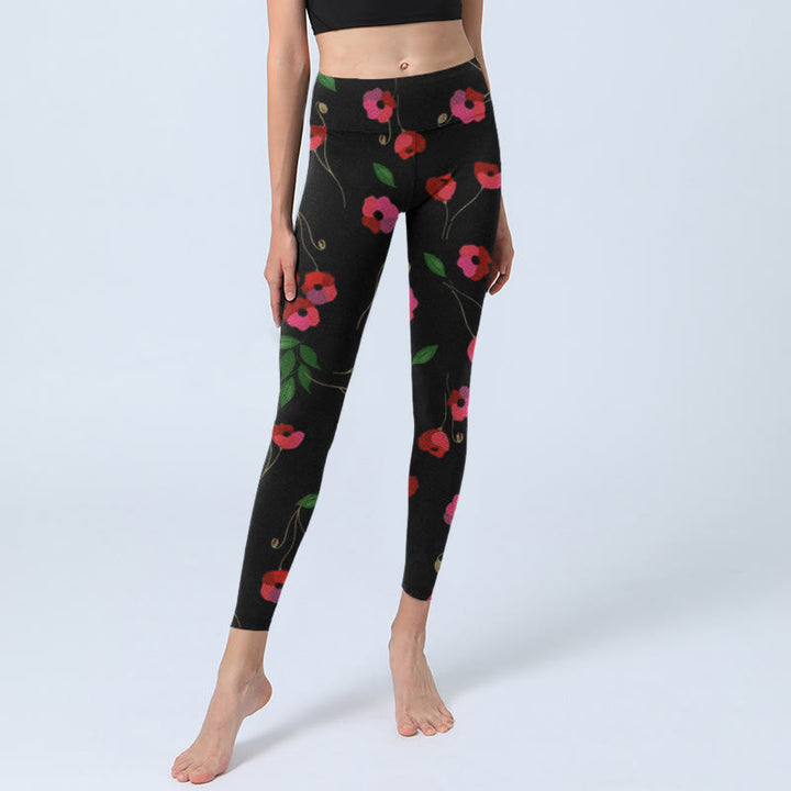 Buddha Stones Vibrant Red Flowers Green Leaves Print Gym Leggings Women's Yoga Pants - image 6