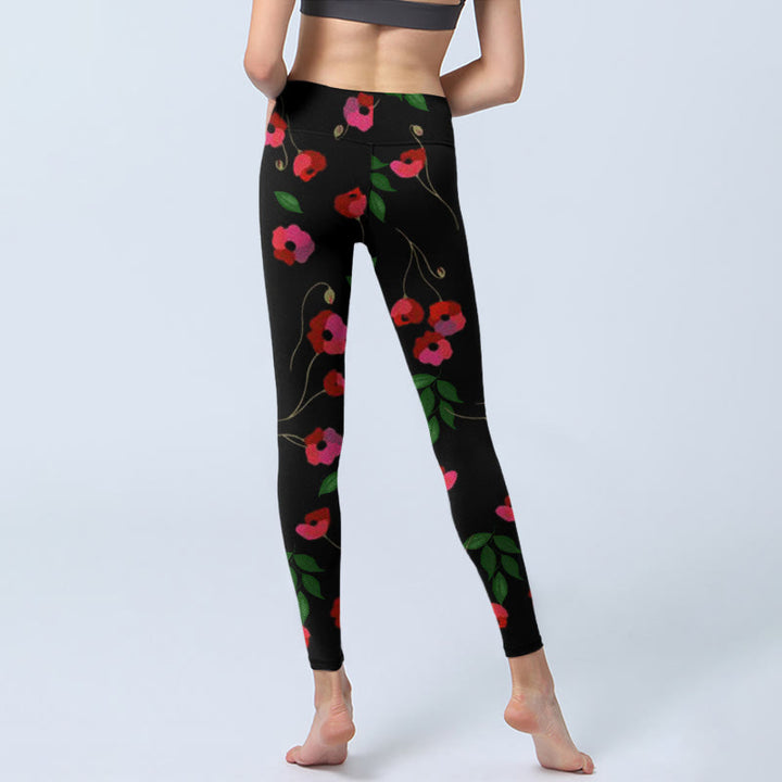 Buddha Stones Vibrant Red Flowers Green Leaves Print Gym Leggings Women's Yoga Pants - image 6