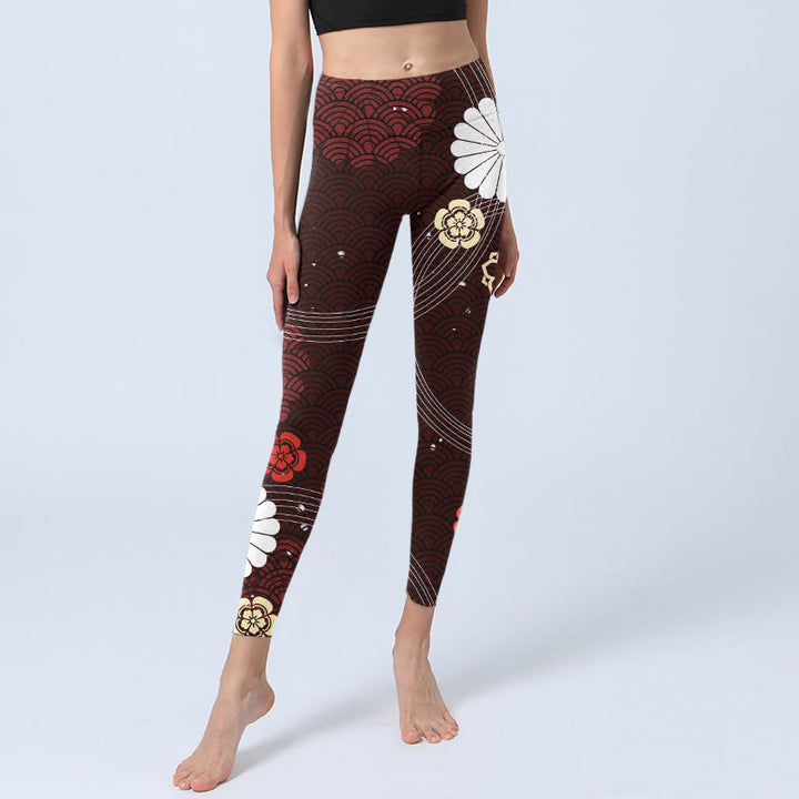 Buddha Stones Reddish-brown Floral Fan-shaped Wave Print Gym Leggings Women's Yoga Pants - image 6