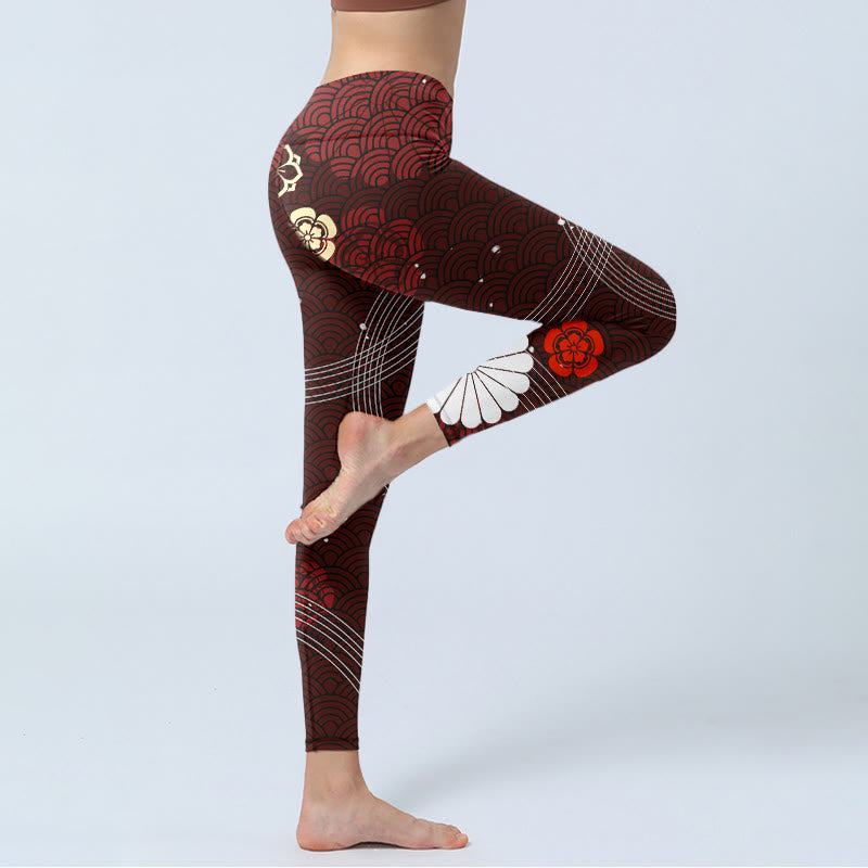 Buddha Stones Reddish-brown Floral Fan-shaped Wave Print Gym Leggings Women's Yoga Pants - image 4