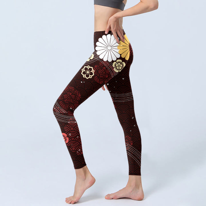 Buddha Stones Reddish-brown Floral Fan-shaped Wave Print Gym Leggings Women's Yoga Pants - image 2