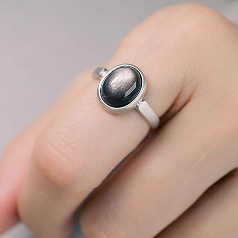 Buddha Stones Natural 925 Sterling Silver Silver Sheen Obsidian Adjustable Protection Ring