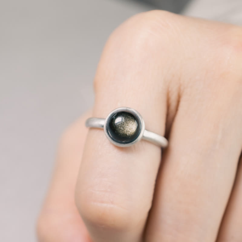 Buddha Stones Natural 925 Sterling Silver Gold Sheen Obsidian Adjustable Wealth Ring - C Style(About 10*10mm) - image 9