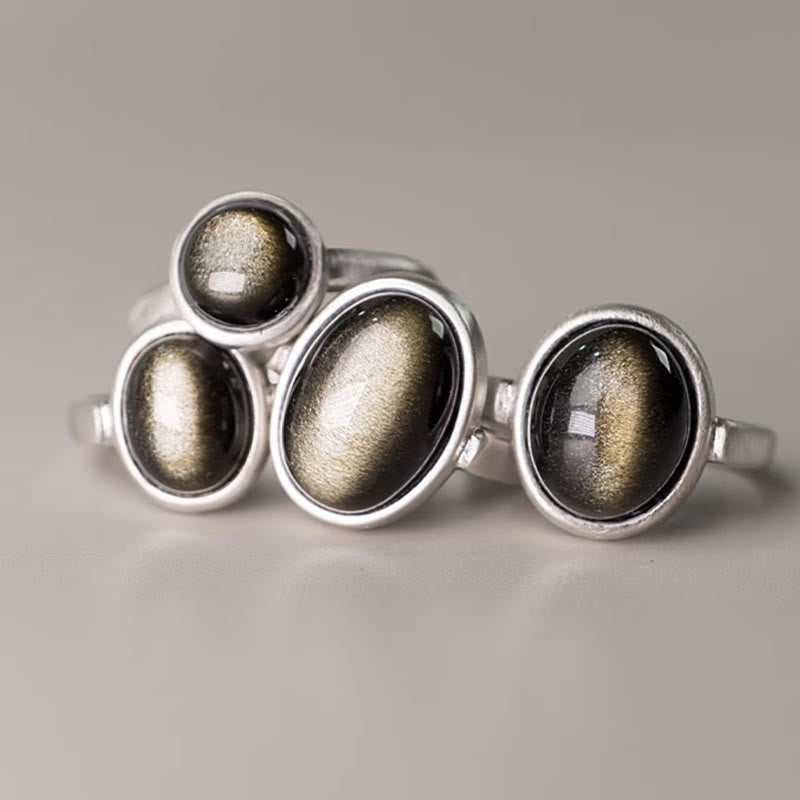 Buddha Stones Natural 925 Sterling Silver Gold Sheen Obsidian Adjustable Wealth Ring