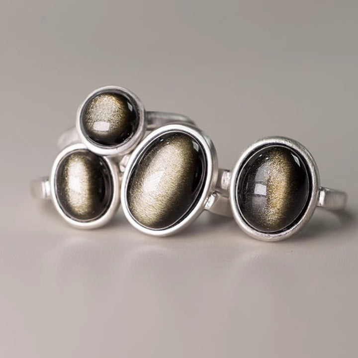 Buddha Stones Natural 925 Sterling Silver Gold Sheen Obsidian Adjustable Wealth Ring