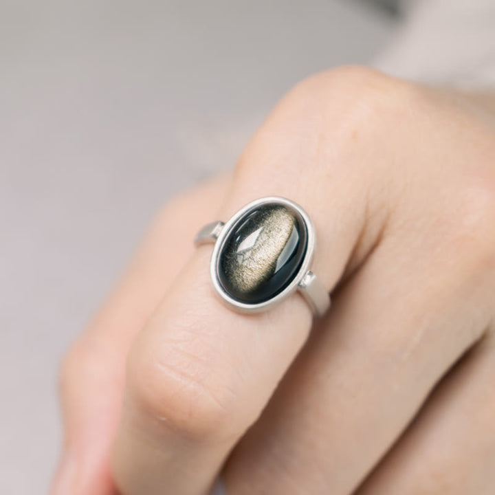 Buddha Stones Natural 925 Sterling Silver Gold Sheen Obsidian Adjustable Wealth Ring - A Style(About 16*12mm) - image 6