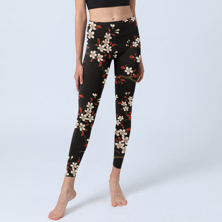 Buddha Stones White Cherry Blossoms Red Leaves Print Gym Leggings Women's Yoga Pants - image 5