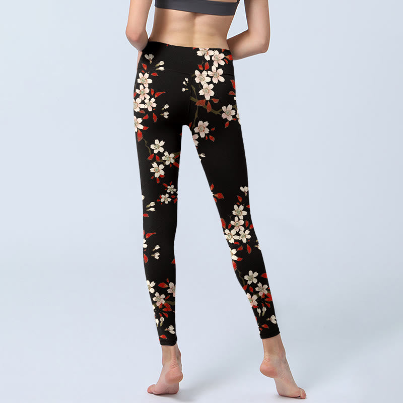 Buddha Stones White Cherry Blossoms Red Leaves Print Gym Leggings Women's Yoga Pants - image 7