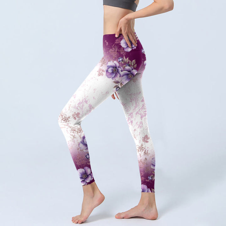 Buddha Stones Purple Floral Print Gym Leggings Women's Yoga Pants - image 2
