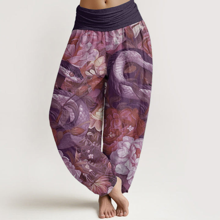 Buddha Stones Pure Cotton Snake Peony Flowers Leaf Pattern Women's Elastic Waist Harem Pants - Purple - US22，UK/AU26，EU54 (6XL) - image 5