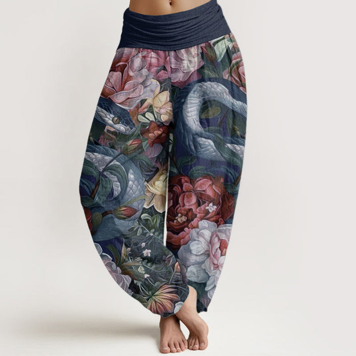 Buddha Stones Pure Cotton Snake Peony Flowers Leaf Pattern Women's Elastic Waist Harem Pants - SteelBlue - US22，UK/AU26，EU54 (6XL) - image 8
