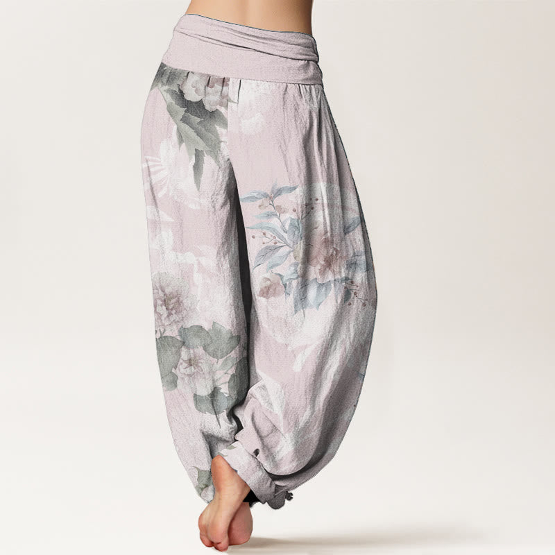 Buddha Stones Pure Cotton Flowers White Leaves Women's Elastic Waist Harem Pants - image 1
