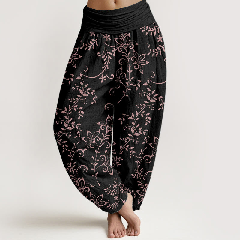Buddha Stones Pure Cotton Casual Flowers Vine Design Women's Elastic Waist Harem Pants - Black - US22，UK/AU26，EU54 (6XL) - image 8