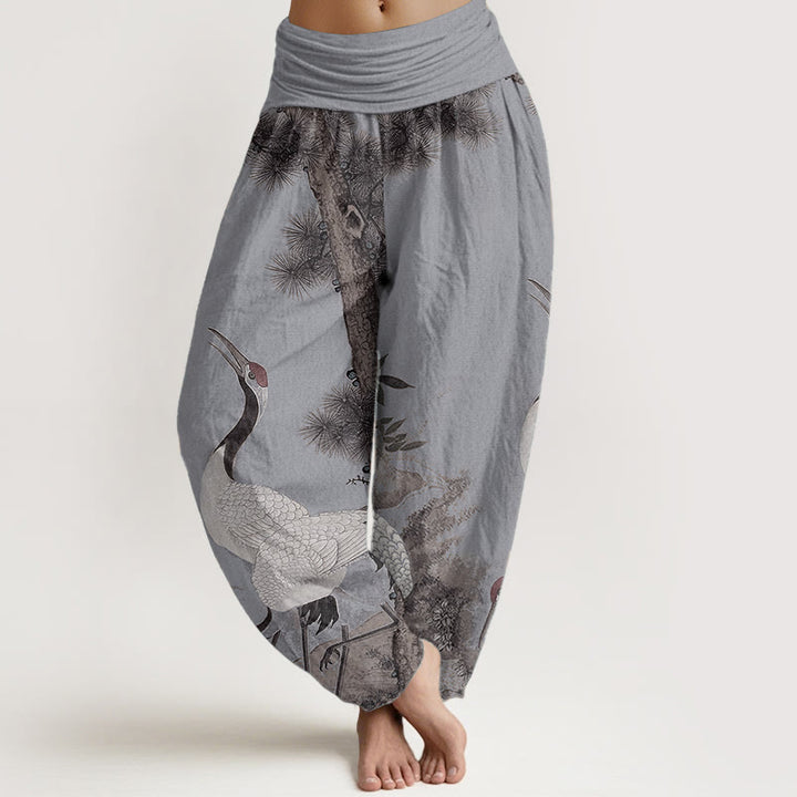 Buddha Stones Pure Cotton Casual Red-crowned Crane Pine Tree Mountain Women's Elastic Waist Harem Pants - LightSteelBlue - US22，UK/AU26，EU54 (6XL) - image 8