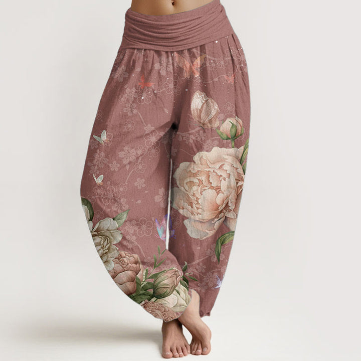 Buddha Stones Pure Cotton Casual Bright Peony Flower Butterfly Women's Elastic Waist Harem Pants