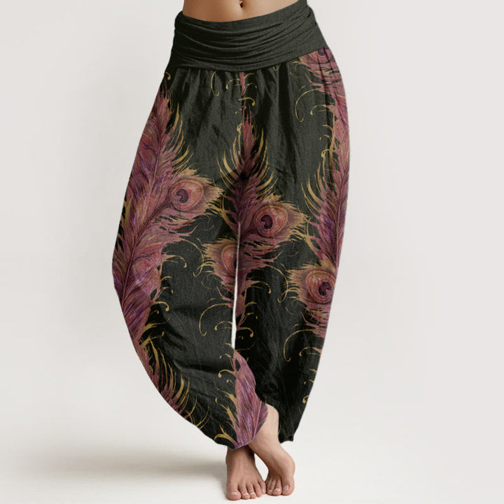 Buddha Stones Pure Cotton Bright Phoenix Pattern Women's Elastic Waist Harem Pants
