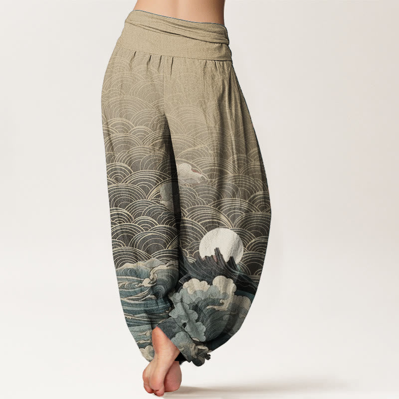 Buddha Stones Pure Cotton Casual Wave Moon Mountain Pattern Women's Elastic Waist Harem Pants - image 9