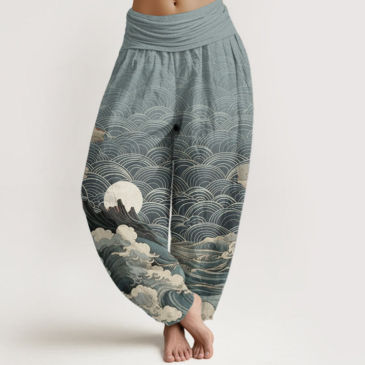 Buddha Stones Pure Cotton Casual Wave Moon Mountain Pattern Women's Elastic Waist Harem Pants - SkyBlue - US22，UK/AU26，EU54 (6XL) - image 5
