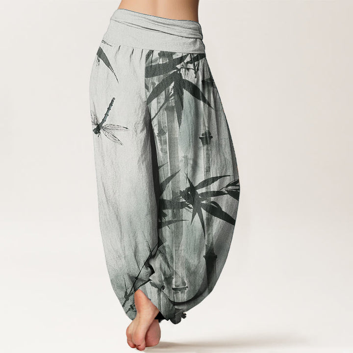 Buddha Stones Pure Cotton Casual Bamboo Leaves Dragonfly Pattern Women's Elastic Waist Harem Pants - image 1
