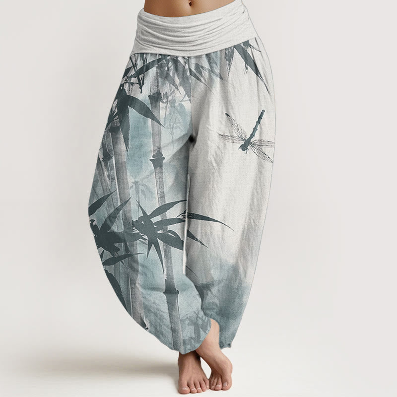 Buddha Stones Pure Cotton Casual Bamboo Leaves Dragonfly Pattern Women's Elastic Waist Harem Pants - Linen - US22，UK/AU26，EU54 (6XL) - image 9