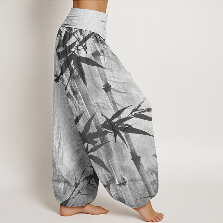 Buddha Stones Pure Cotton Casual Bamboo Leaves Dragonfly Pattern Women's Elastic Waist Harem Pants - image 8
