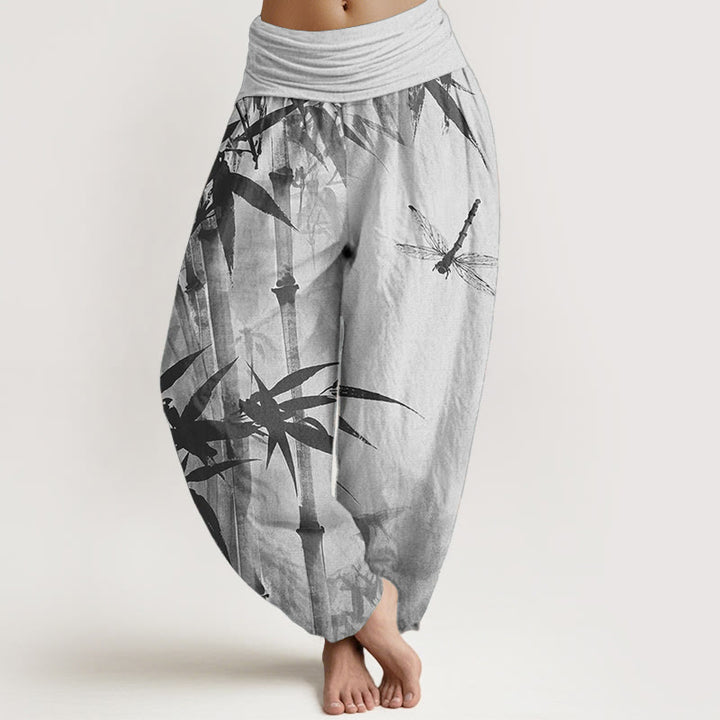 Buddha Stones Pure Cotton Casual Bamboo Leaves Dragonfly Pattern Women's Elastic Waist Harem Pants - Silver - US22，UK/AU26，EU54 (6XL) - image 6