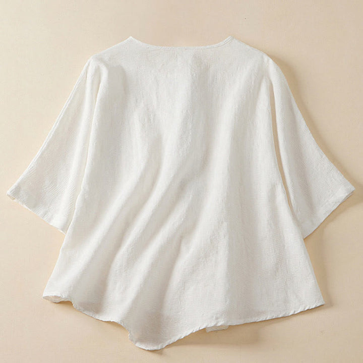 Buddha Stones Casual Flower Colorful Frog Button Half Sleeve Cotton Linen Women's Shirt - image 15