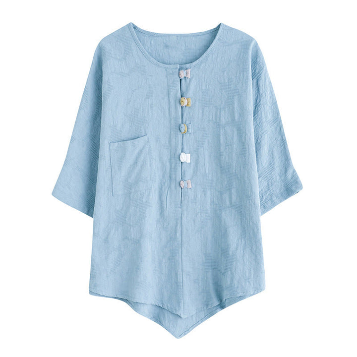 Buddha Stones Casual Flower Colorful Frog Button Half Sleeve Cotton Linen Women's Shirt - image 3