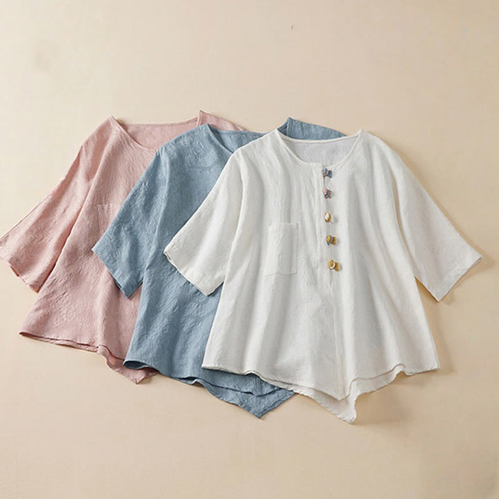 Buddha Stones Casual Flower Colorful Frog Button Half Sleeve Cotton Linen Women's Shirt - image 1