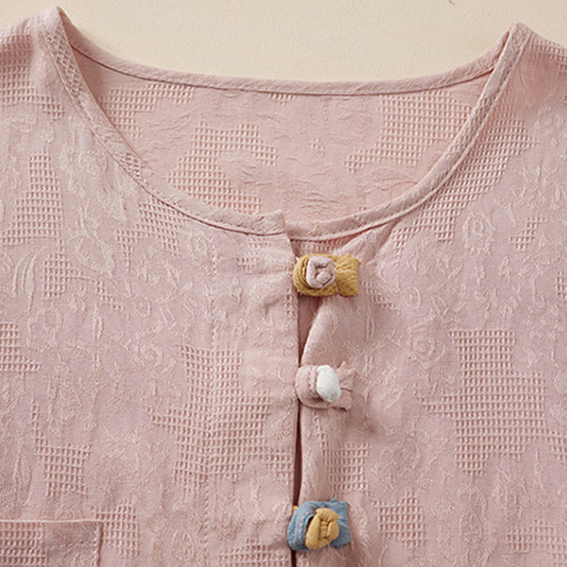 Buddha Stones Casual Flower Colorful Frog Button Half Sleeve Cotton Linen Women's Shirt - image 6