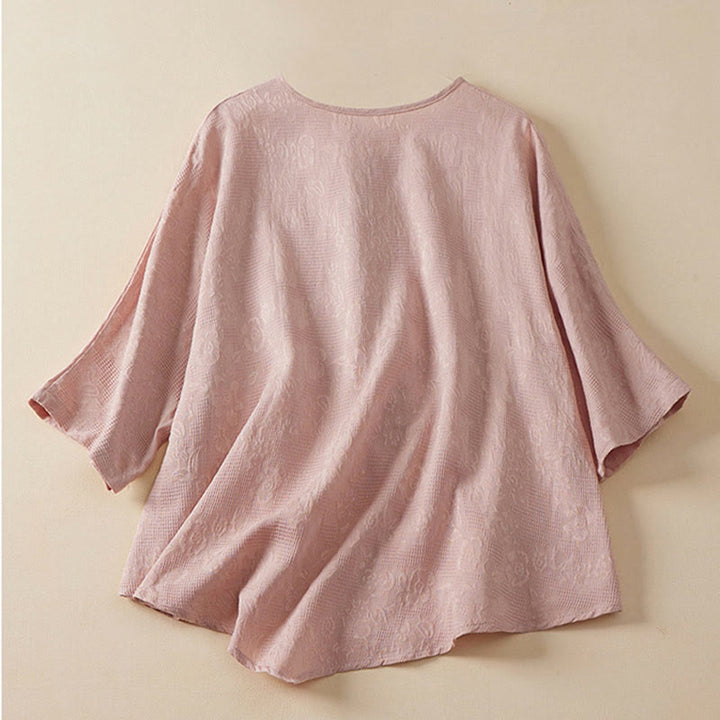 Buddha Stones Casual Flower Colorful Frog Button Half Sleeve Cotton Linen Women's Shirt - image 5