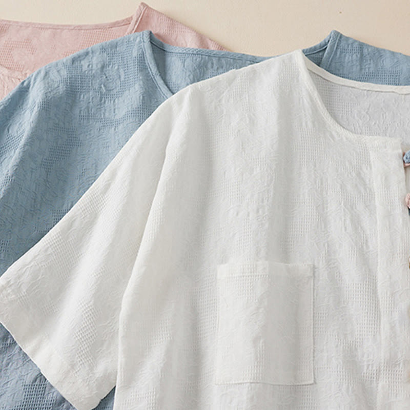 Buddha Stones Casual Flower Colorful Frog Button Half Sleeve Cotton Linen Women's Shirt - image 16