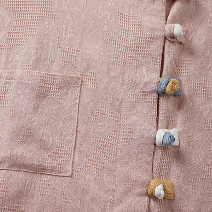 Buddha Stones Casual Flower Colorful Frog Button Half Sleeve Cotton Linen Women's Shirt - image 8