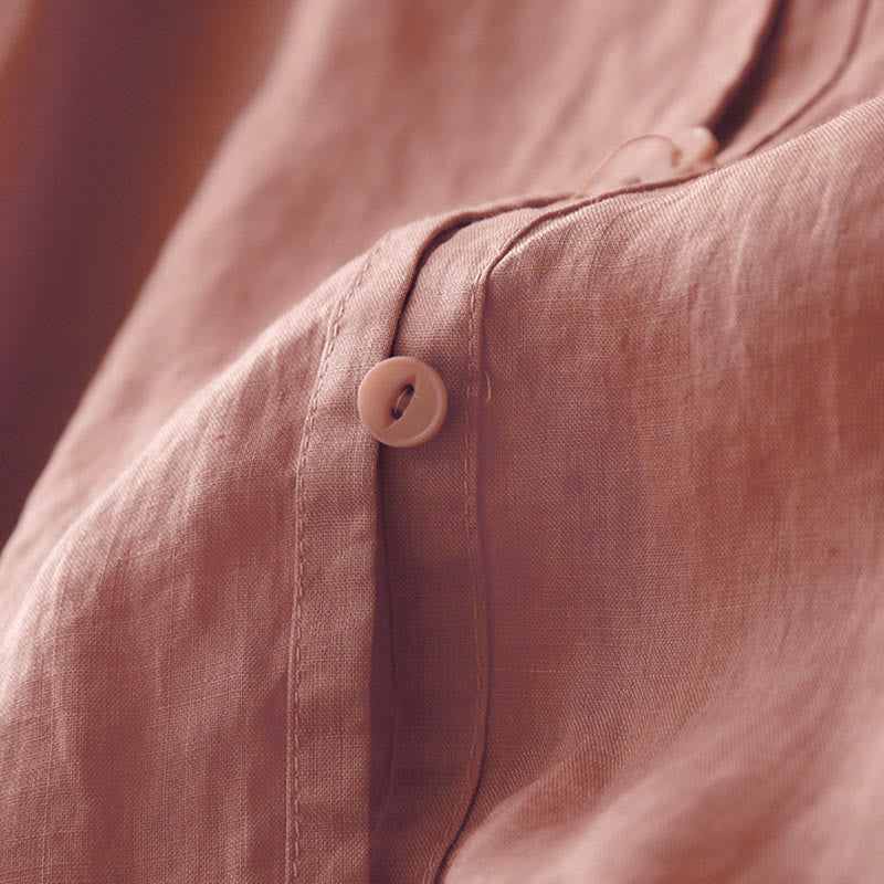 Buddha Stones Artistic Pure Color Embroidered Front Button Design Women's Cotton Half Sleeve Shirt Cardigan - image 4