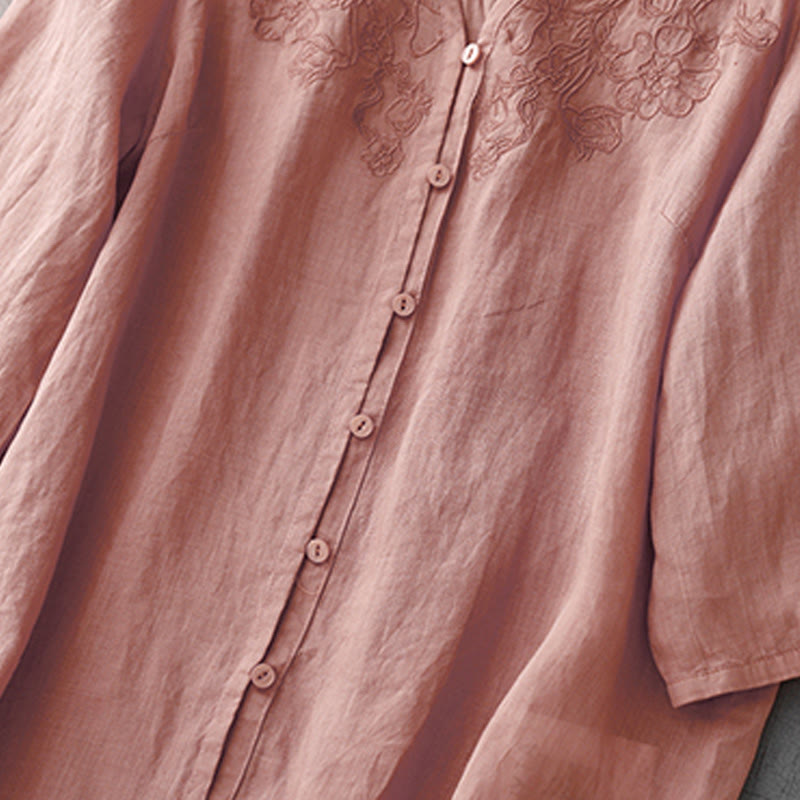 Buddha Stones Artistic Pure Color Embroidered Front Button Design Women's Cotton Half Sleeve Shirt Cardigan - image 8