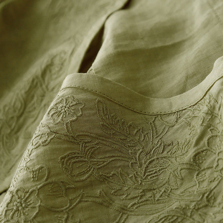 Buddha Stones Artistic Pure Color Embroiderd Front Button Design Women's Cotton Half Sleeve Shirt Cardigan - image 20