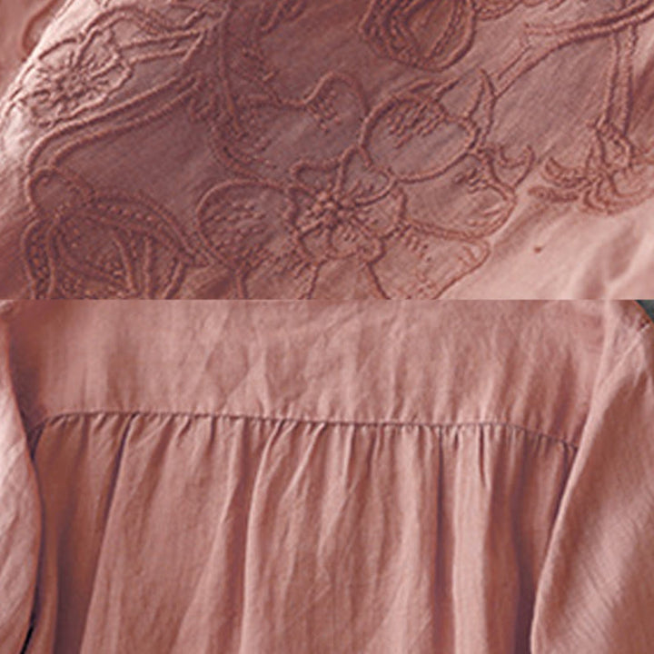 Buddha Stones Artistic Pure Color Embroiderd Front Button Design Women's Cotton Half Sleeve Shirt Cardigan - image 9