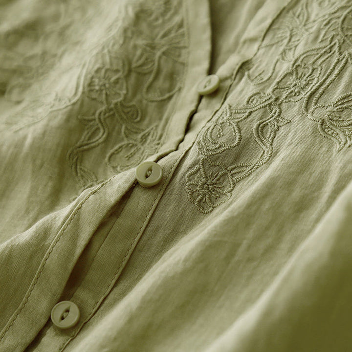 Buddha Stones Artistic Pure Color Embroidered Front Button Design Women's Cotton Half Sleeve Shirt Cardigan - image 19