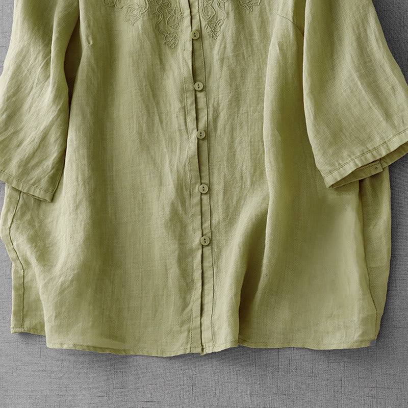 Buddha Stones Artistic Pure Color Embroidered Front Button Design Women's Cotton Half Sleeve Shirt Cardigan - image 18