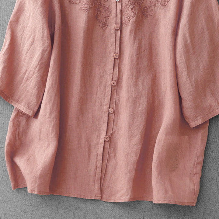 Buddha Stones Artistic Pure Color Embroidered Front Button Design Women's Cotton Half Sleeve Shirt Cardigan - image 2