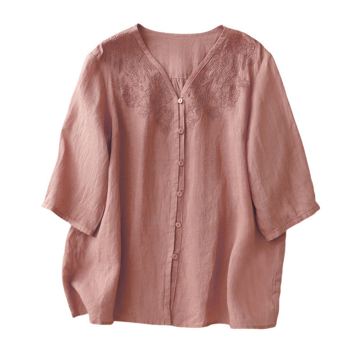 Buddha Stones Artistic Pure Color Embroidered Front Button Design Women's Cotton Half Sleeve Shirt Cardigan - image 10