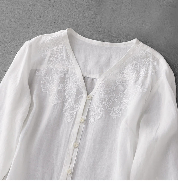 Buddha Stones Artistic Pure Color Embroidered Front Button Design Women's Cotton Half Sleeve Shirt Cardigan - image 12