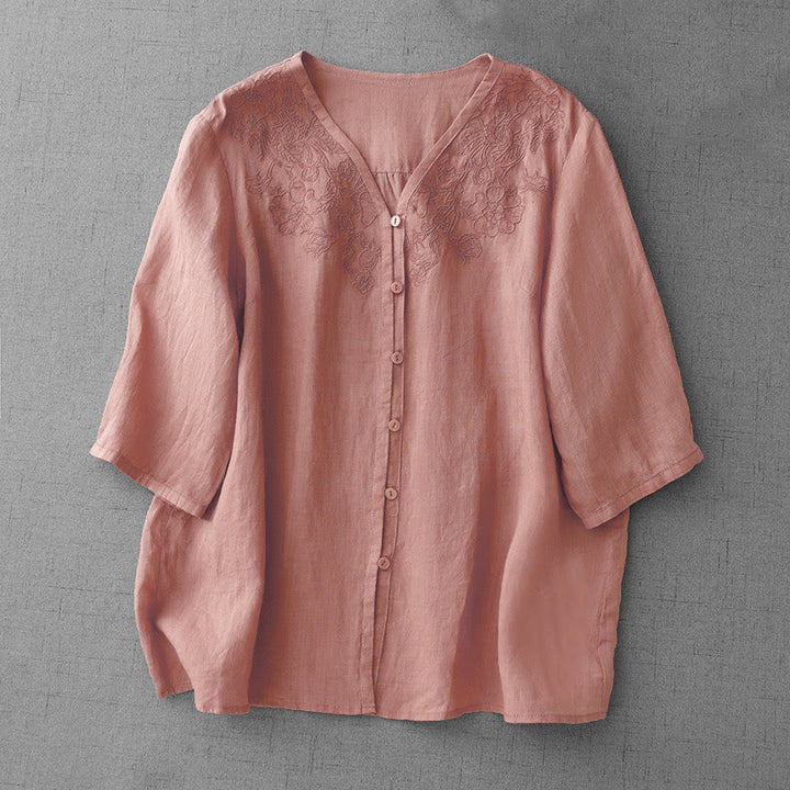 Buddha Stones Artistic Pure Color Embroidered Front Button Design Women's Cotton Half Sleeve Shirt Cardigan - LightCoral - US12，UK/AU16，EU44 (2XL) - image 0