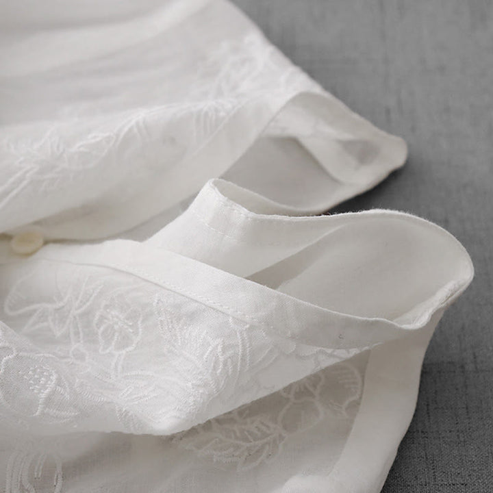 Buddha Stones Artistic Pure Color Embroidered Front Button Design Women's Cotton Half Sleeve Shirt Cardigan - image 15