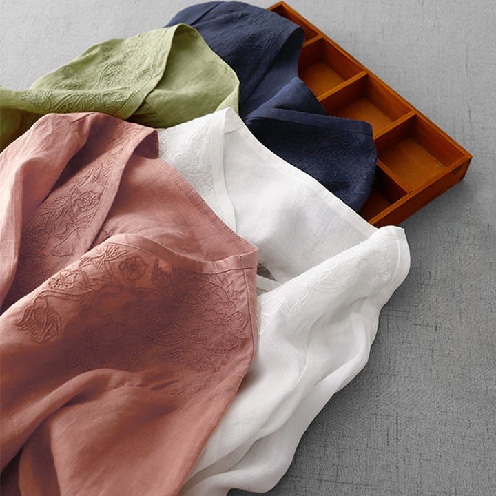 Buddha Stones Artistic Pure Color Embroidered Front Button Design Women's Cotton Half Sleeve Shirt Cardigan - image 30